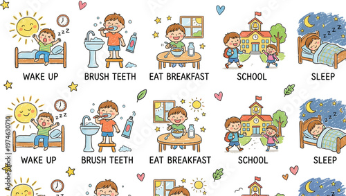 A colorful illustration of a child's daily routine from waking up to sleeping with various activities in between. Ai, eps, jpg, transparent background, png