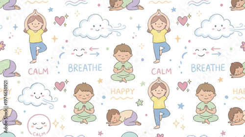 A colorful illustration of children practicing yoga and meditation in various poses with calm and happy expressions Ai, eps, jpg, transparent background, png