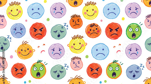 A colorful illustration of various cartoon faces expressing different emotions on a white background Ai, eps, jpg, transparent background, png