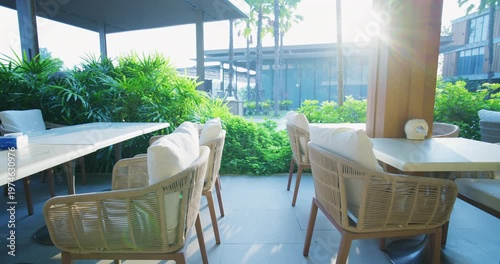 Hotel restaurant empty table breakfast food morning light travel business background