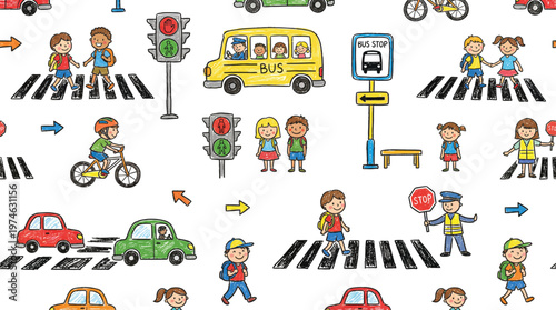 A colorful illustration of children and vehicles at a busy crosswalk with traffic lights and signs Ai, eps, jpg, transparent background, png