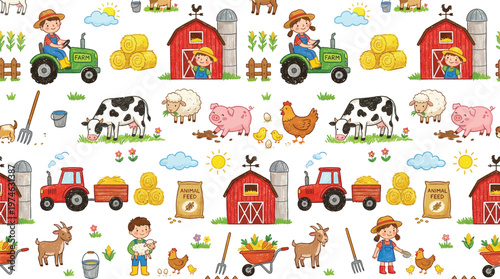 A colorful illustration of a farm scene with cartoon animals and children playing with tractors and farm equipment. Ai, eps, jpg, transparent background, png
