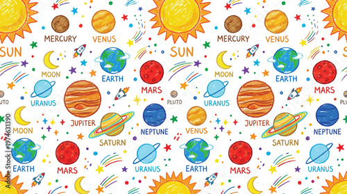 A colorful illustration of the solar system with planets, stars, and sun on a white background Ai, eps, jpg, transparent background, png