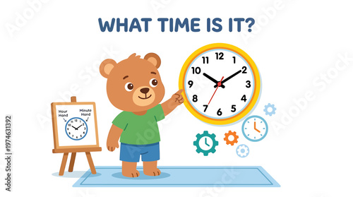 Cute bear teaching time on a clock, educational concept for kids