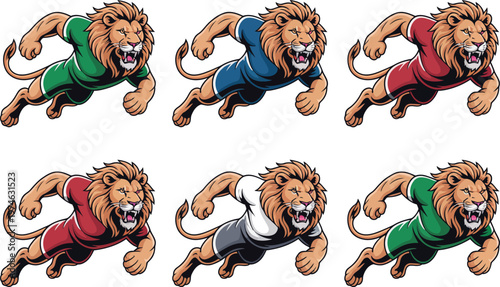 Six athletic anthropomorphic lions in energetic running poses, dressed in sporty uniforms of green, blue, red, and white, suitable for sports themes.