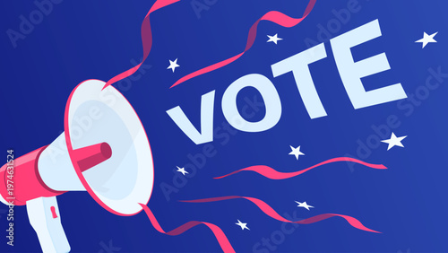 Megaphone with Vote text and US flag stars and stripes, symbolizing civic engagement and election awareness. Concept of encouraging participation in voting in the United States.