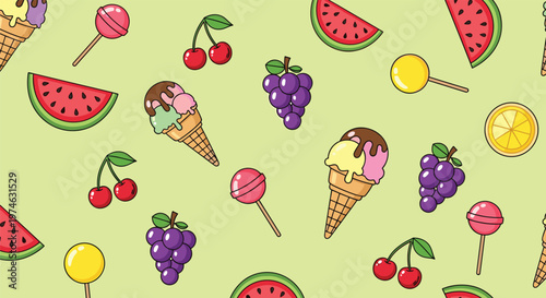 Seamless colorful pattern of sweet treats including ice cream cones, watermelons, grapes, cherries, and lollipops on green background.