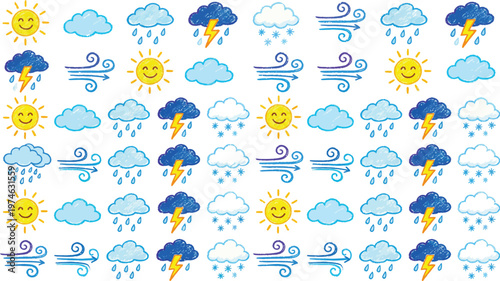 A colorful illustration of various weather icons on a white background Ai, eps, jpg, transparent background, png