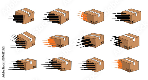 Set of cardboard boxes with black and orange speed lines representing fast delivery, shipping, and logistics services.