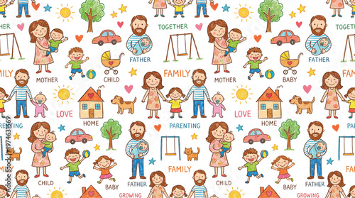 A colorful illustration of a happy family with parents and children playing together at home with pets and toys. Ai, eps, jpg, transparent background, png