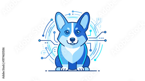 Cute Blue Corgi Dog with Futuristic Digital Circuit Background