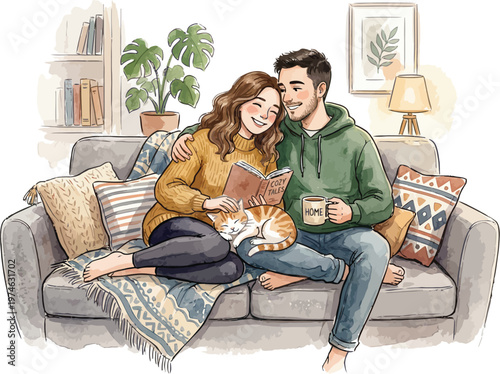 A loving couple enjoys a cozy evening together on the couch with a book and coffee Ai, eps, jpg, transparent background, png