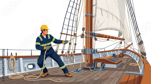Sailor pulling rope on a wooden ship deck.
