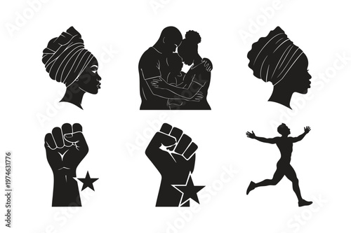 African american culture silhouette set bundle with fist and person.
