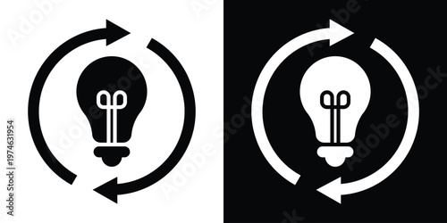 Modern lightbulb icon enclosed in circular arrows, symbolizing creative thinking, continuous innovation, brainstorming process, renewable ideas, and the lifecycle of a business concept.