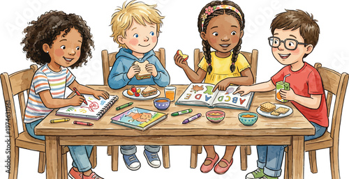 A group of diverse children sitting at a table and enjoying a meal together while coloring Ai, eps, jpg, transparent background, png