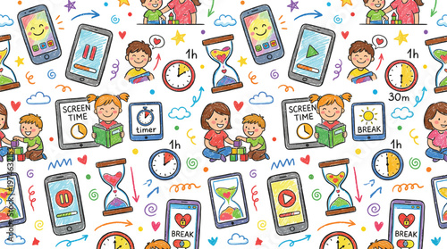 A colorful illustration of children using smartphones and learning about screen time management with timers and clocks Ai, eps, jpg, transparent background, png