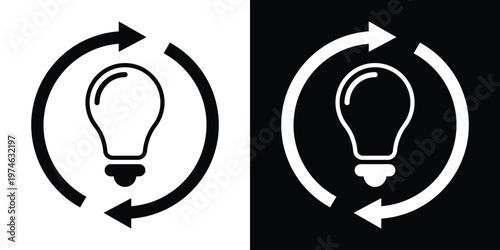 Modern lightbulb icon enclosed in circular arrows, symbolizing creative thinking, continuous innovation, brainstorming process, renewable ideas, and the lifecycle of a business concept.