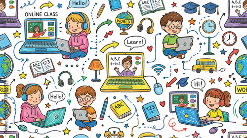 A colorful illustration of children learning online with laptops and various educational tools Ai, eps, jpg, transparent background, png