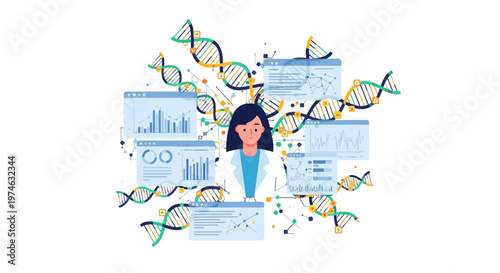 Scientist Analyzing Genetic Data with DNA Strands.