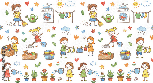A colorful illustration of children engaging in various household chores and gardening activities on a sunny day Ai, eps, jpg, transparent background, png