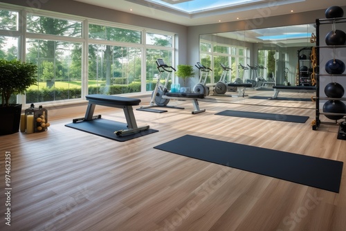 Home gym interior featuring fitness equipment, yoga mats, and mirror, looking out to a green garden