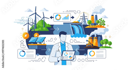 Scientist analyzing renewable energy sources and industrial processes.