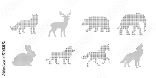 Collection of wild animal silhouette set. dots animals including fox, deer, bear, elephant, rabbit, lion, horse, and wolf vector icons. minimal flat vector illustration