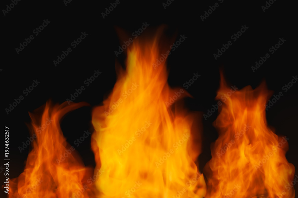 Fototapeta premium Bright Orange and Yellow Flames Burning on Dark Background, Abstract Fire Effect