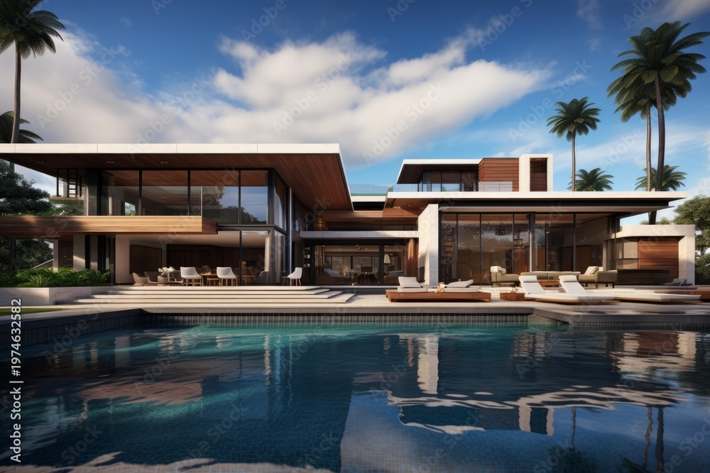 Fototapeta premium Contemporary architecture featuring a lavish villa and inviting swimming pool under a blue sky