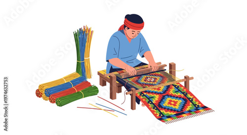 Person weaving a colorful textile on a traditional loom.