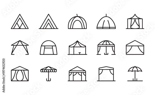 Various types of camping tent and parasol outline icons, portable outdoor shelter, sunshade and gazebo design.