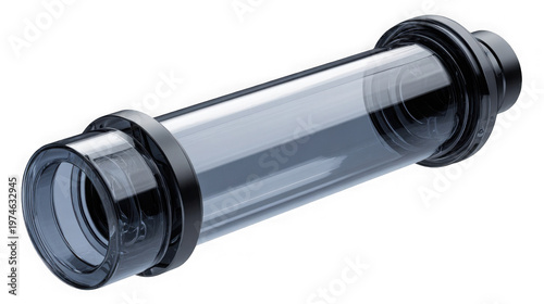 A clear plastic tube with black fittings on a black background