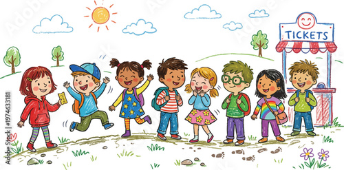 A group of happy children walking together outside on a sunny day Ai, eps, jpg, transparent background, png