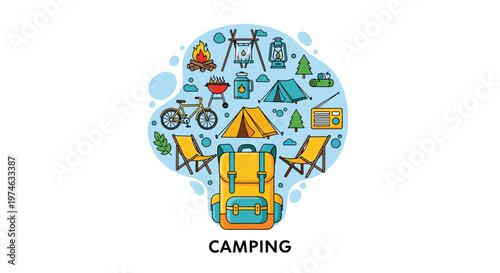 Outdoor adventure and camping concept showing various gear icons like a tent, backpack, and campfire in a circular layout.