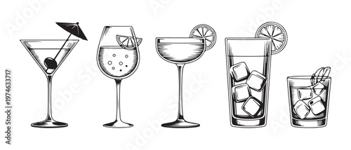 Selection of sophisticated cocktail glasses and drinks illustrated in vintage drawing style for beverage and party themes.