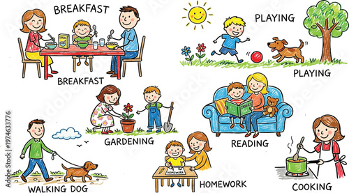 A colorful illustration of various family activities at home and outdoors. Ai, eps, jpg, transparent background, png