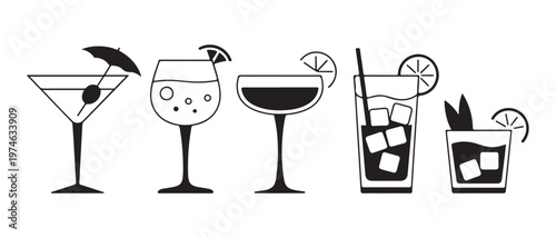 Set of modern silhouette cocktail glasses and drinks icons for beverage and party designs illustration style.