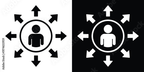 Person silhouette in a circle with eight arrows pointing outward. Represents leadership, personal influence, networking, data distribution, human resources, and spreading information.