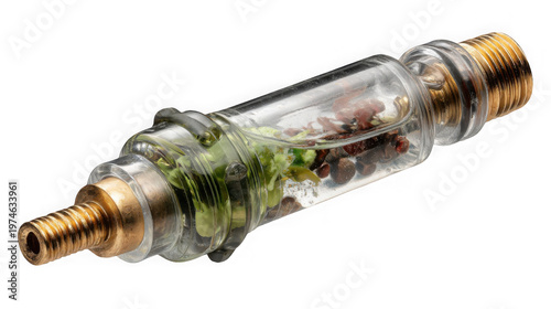 A unique glass light bulb filled with soil and small plants on a black background