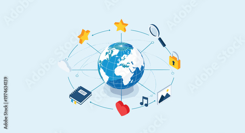 Global connectivity and digital services concept featuring a planet earth globe surrounded by social and utility icons.