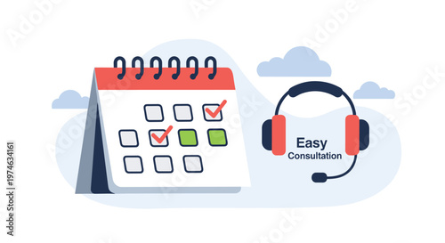 Online appointment and easy consultation concept featuring a calendar with checkmarks and a headset icon with clouds.