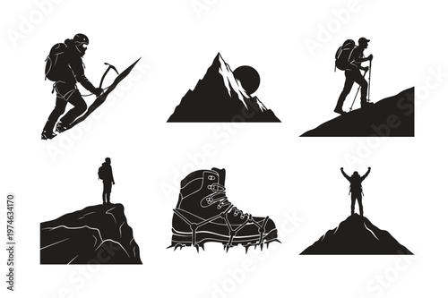 Mountain climber adventure silhouette set bundle for outdoor hiking.