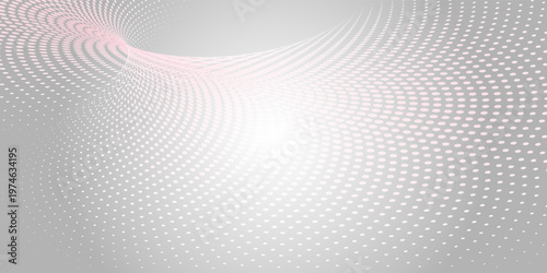 A dynamic halftone dot swirl with pink tones blending into white, forming a flowing abstract wave that creates depth, motion, and a modern digital aesthetic.