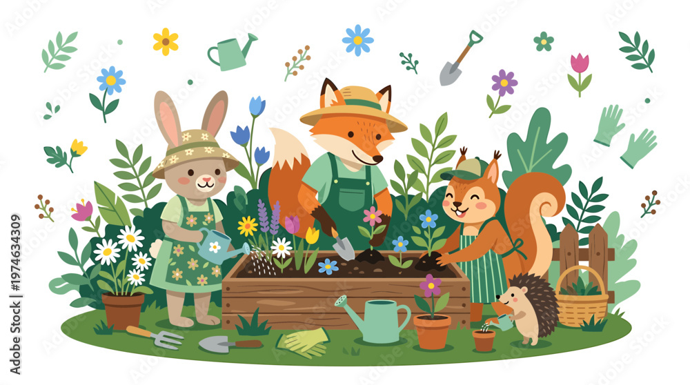 Naklejka premium Cute cartoon animals gardening together in a sunny garden, planting flowers