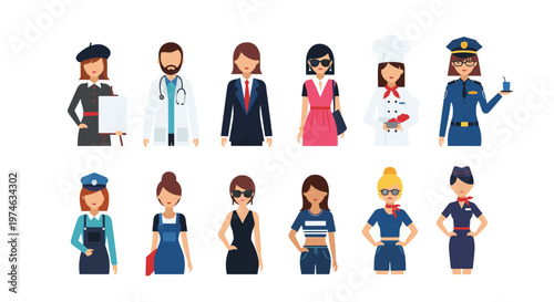 Collection of diverse people characters representing various professions including doctor, chef, police, artist, and more.