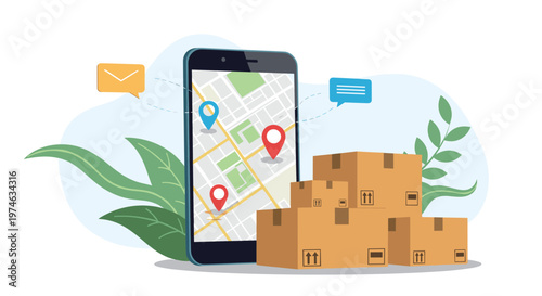 Mobile delivery tracking and logistics concept featuring a smartphone with a map interface and a stack of cardboard boxes.
