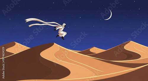 Person in traditional white robes jumping over sand dunes in the desert at night under crescent moon