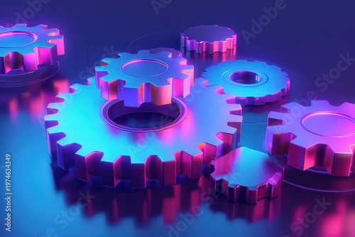 isometric 3D render of colorful gears on floating platforms, neon purple and cyan lighting, glossy materials, futuristic UI panels, soft glow effects, dark gradient background, ultra polished