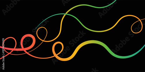 This image showcases a collection of brightly colored, curved lines gracefully looping across a solid black backdrop. The design is clean, modern,